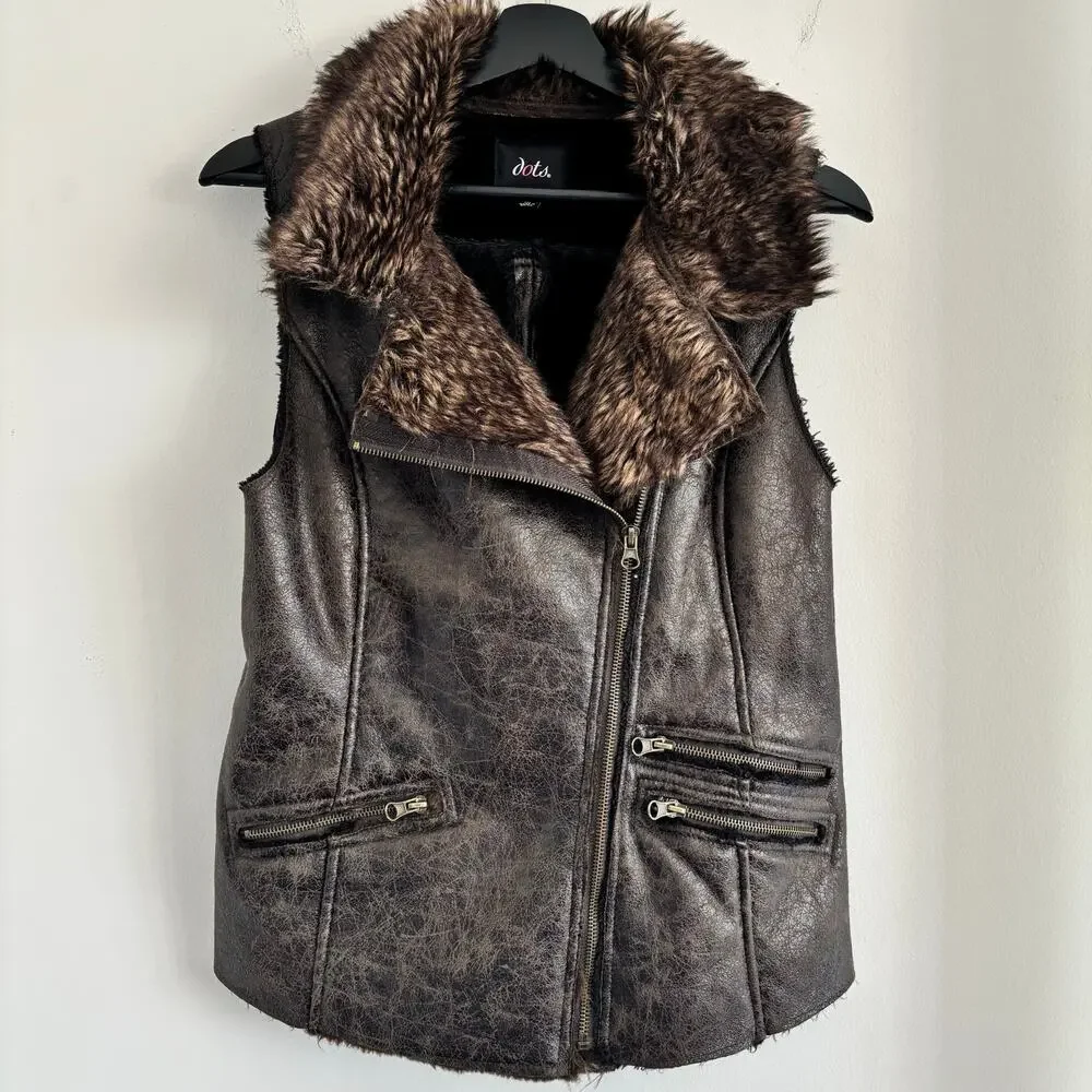 Dots Faux Fur Trim Leather Vest with Zipper Pockets Women's Size M - Picture 7 of 7